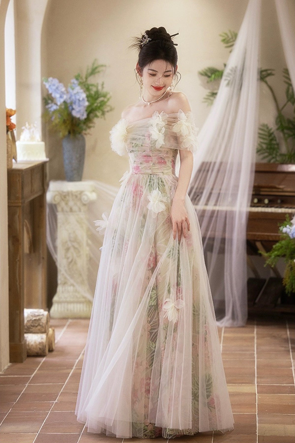 Beautiful Tulle Floral Long Prom Dress, A-Line Off the Shoulder Party Dress