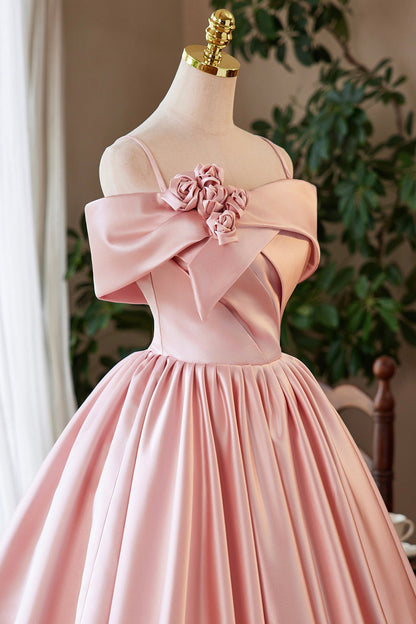 Pink Satin Long Prom Dress, Pink Off the Shoulder Homecoming Party Dress