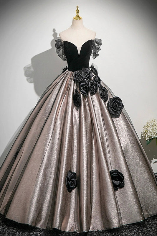 Black Velvet and Tulle Long Prom Dress, Black A-Line Party Dress
