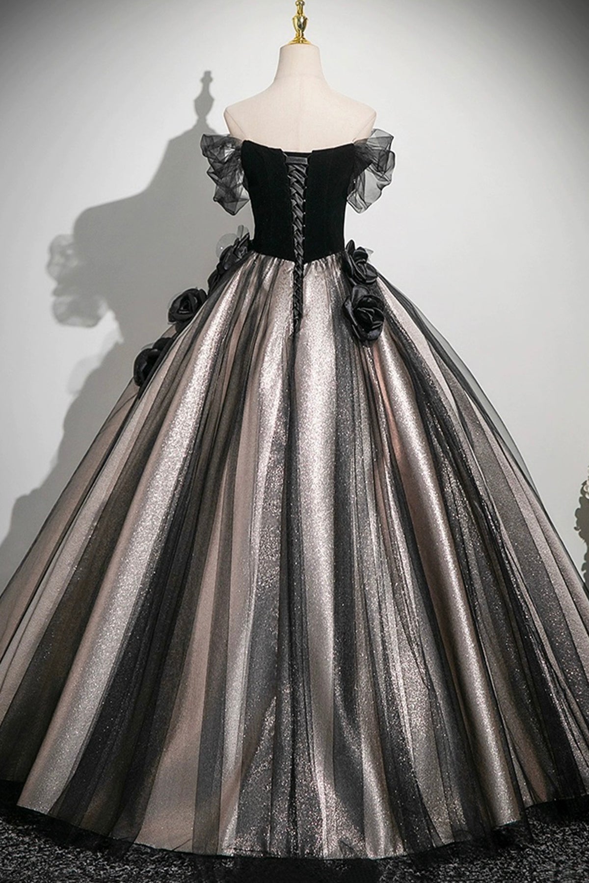 Black Velvet and Tulle Long Prom Dress, Black A-Line Party Dress