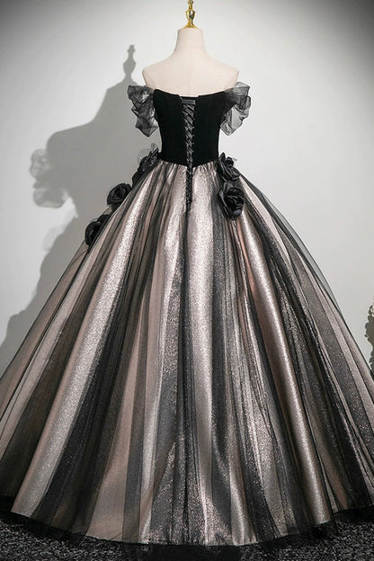 Black Velvet and Tulle Long Prom Dress, Black A-Line Party Dress