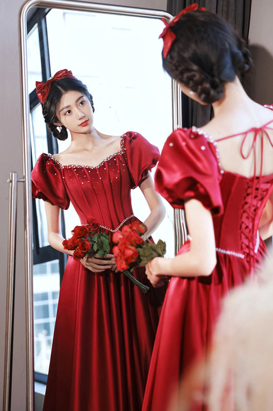 Burgundy Satin Short Sleeve Prom Dress, A-Line Graduation Dress