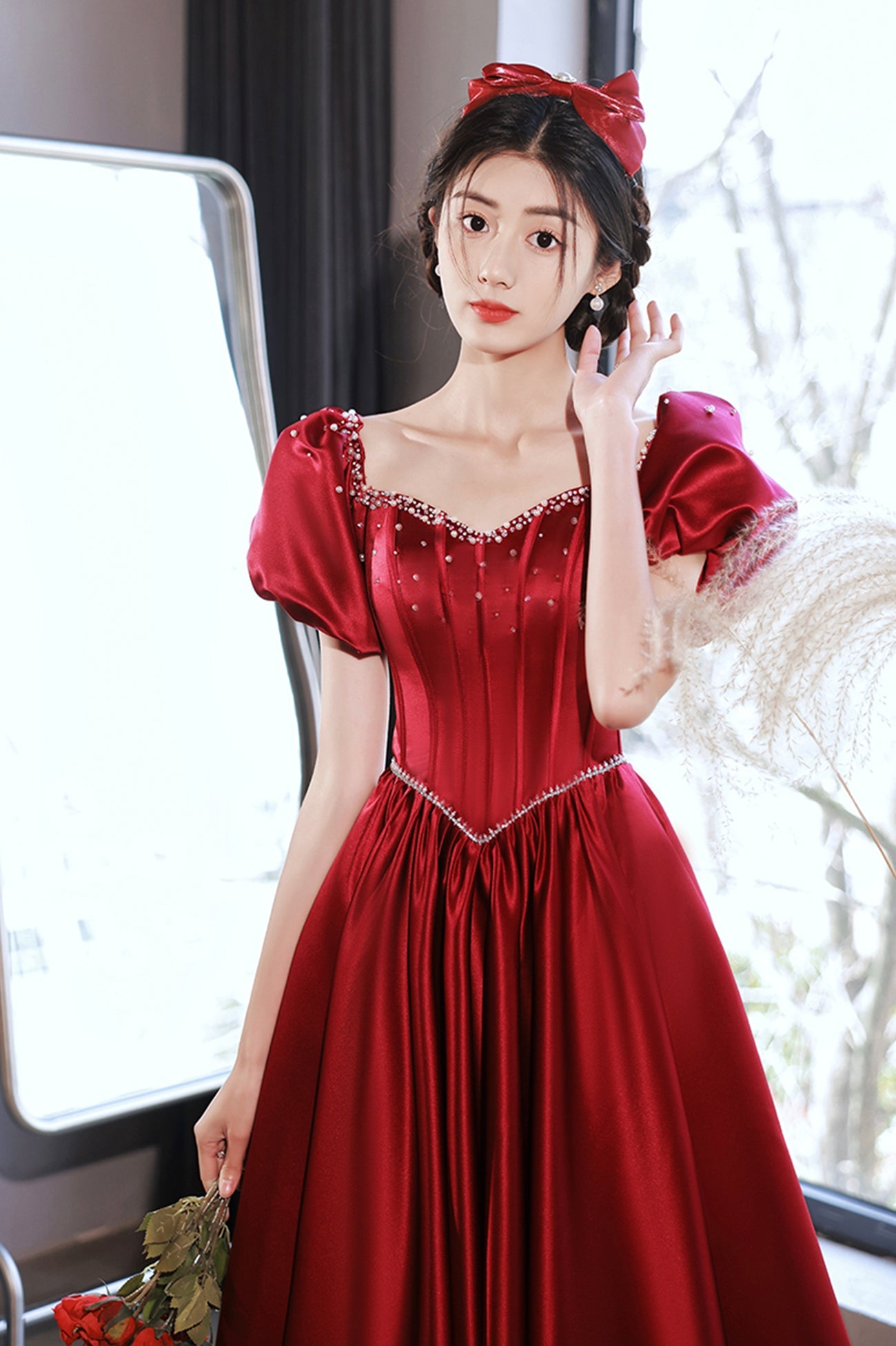 Burgundy Satin Short Sleeve Prom Dress, A-Line Graduation Dress