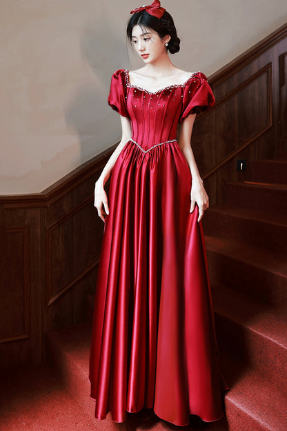 Burgundy Satin Short Sleeve Prom Dress, A-Line Graduation Dress