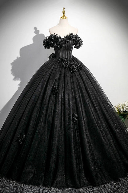 Black Tulle Flowers Long Prom Dress, A-Line Off the Shoulder Party Dress