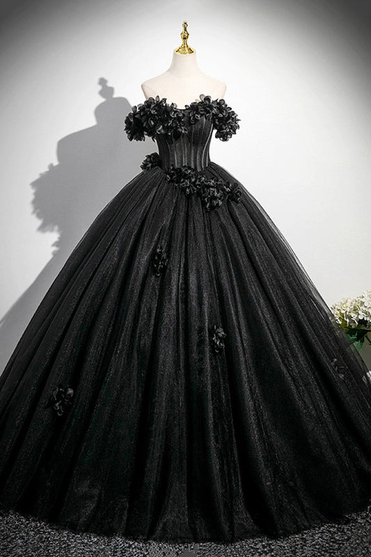 Black Tulle Flowers Long Prom Dress, A-Line Off the Shoulder Party Dress
