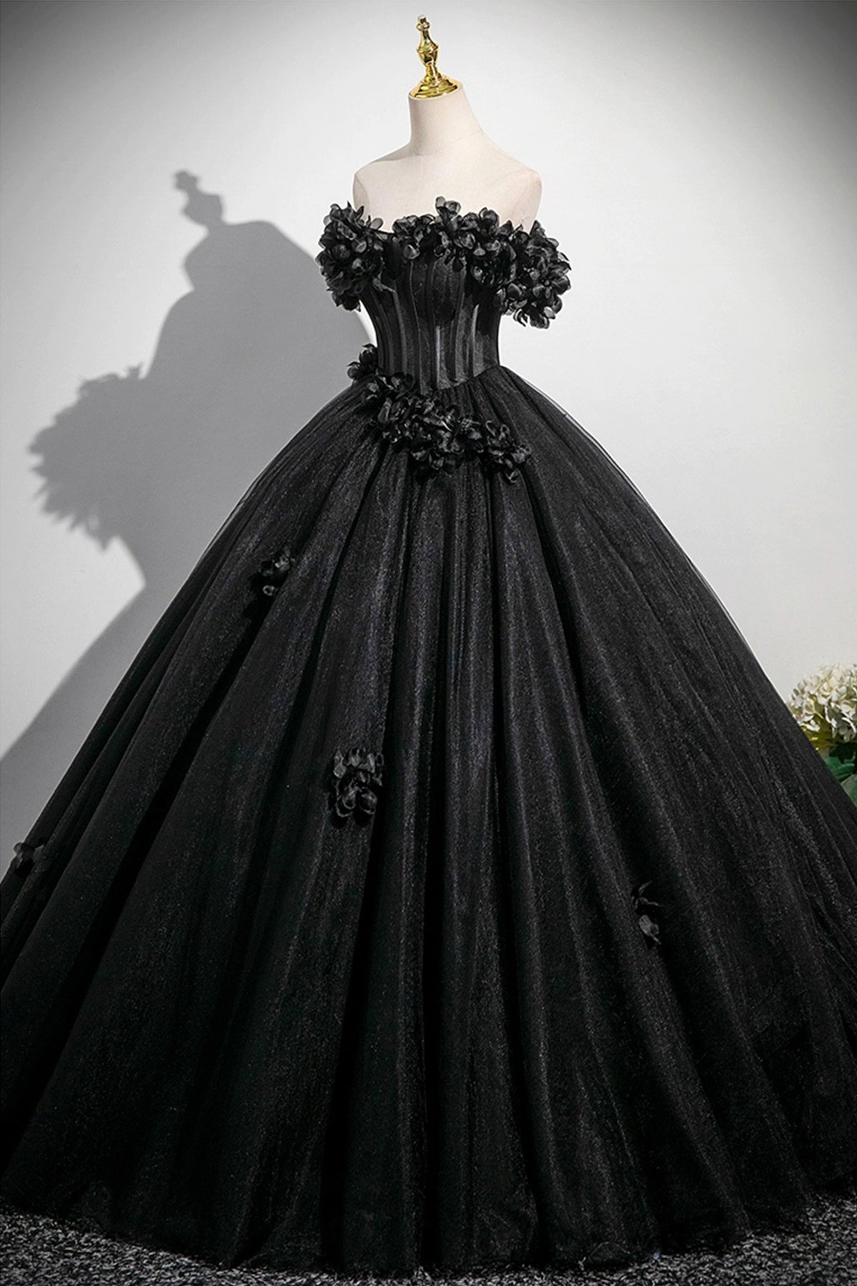 Black Tulle Flowers Long Prom Dress, A-Line Off the Shoulder Party Dress