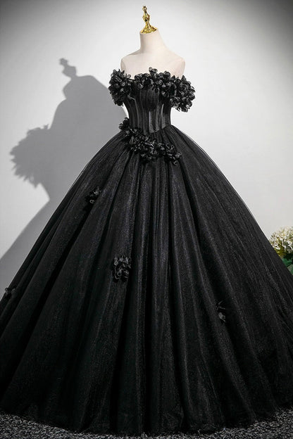 Black Tulle Flowers Long Prom Dress, A-Line Off the Shoulder Party Dress