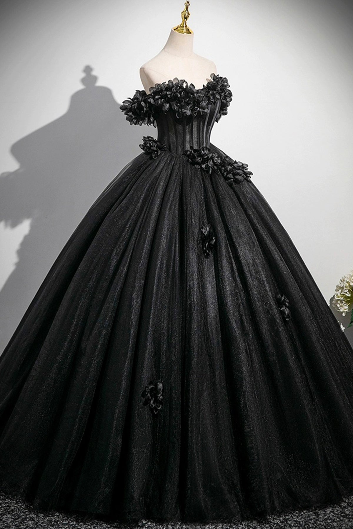 Black Tulle Flowers Long Prom Dress, A-Line Off the Shoulder Party Dress