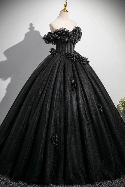 Black Tulle Flowers Long Prom Dress, A-Line Off the Shoulder Party Dress