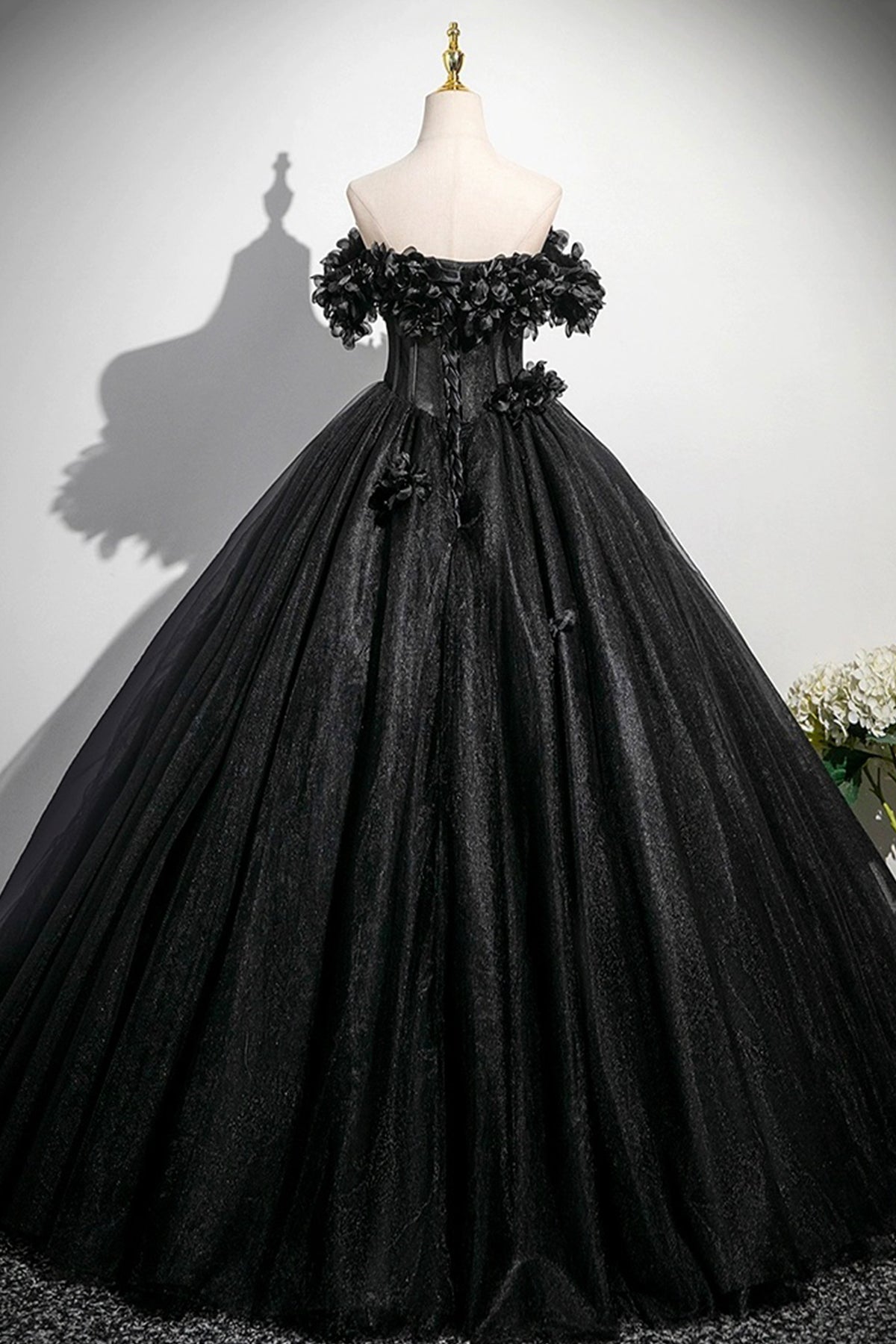 Black Tulle Flowers Long Prom Dress, A-Line Off the Shoulder Party Dress