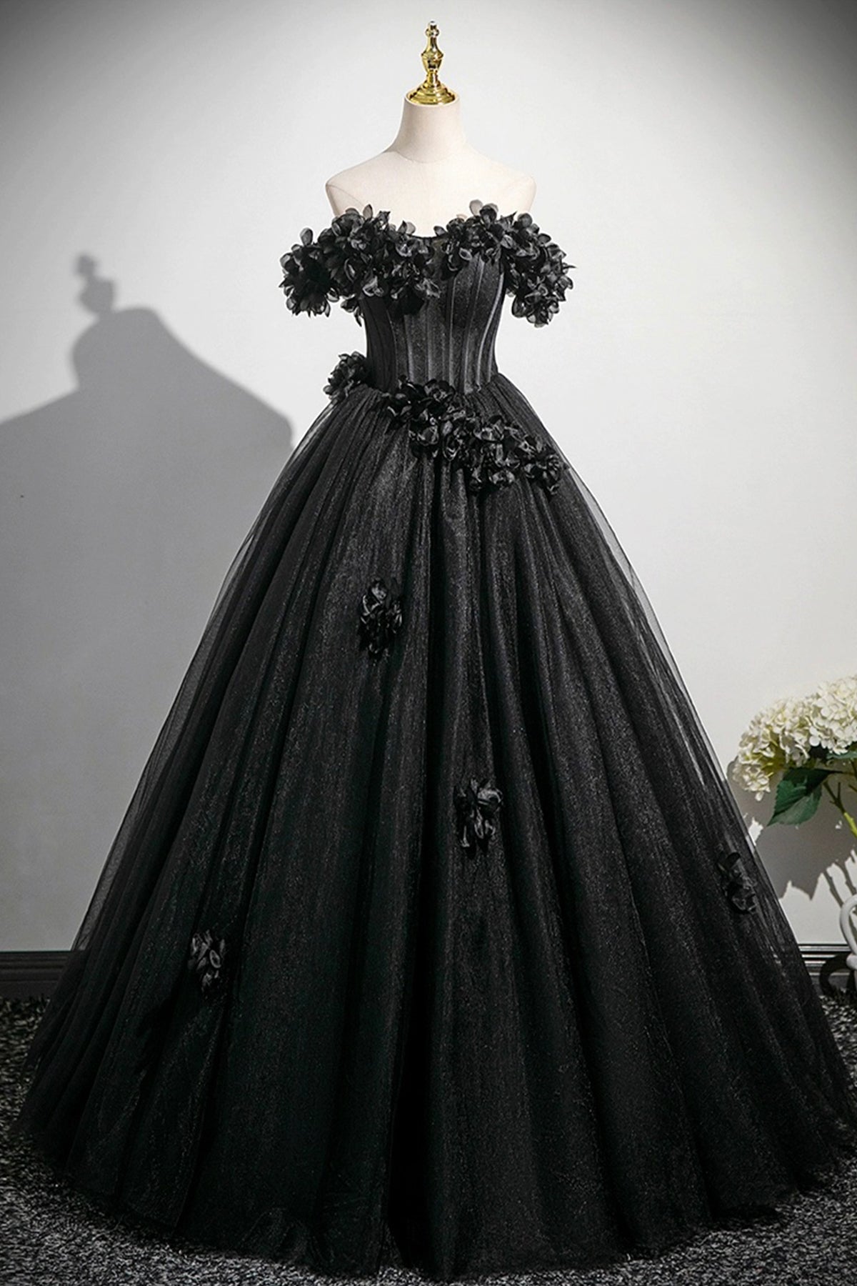 Black Tulle Flowers Long Prom Dress, A-Line Off the Shoulder Party Dress