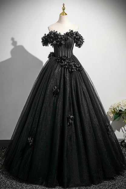 Black Tulle Flowers Long Prom Dress, A-Line Off the Shoulder Party Dress