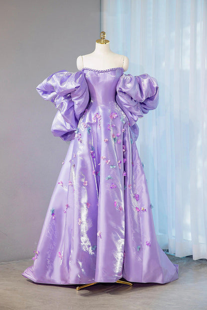 Purple Satin Long Formal Evening Dress, A-Line Puff Sleeve Party Dress with Flowers