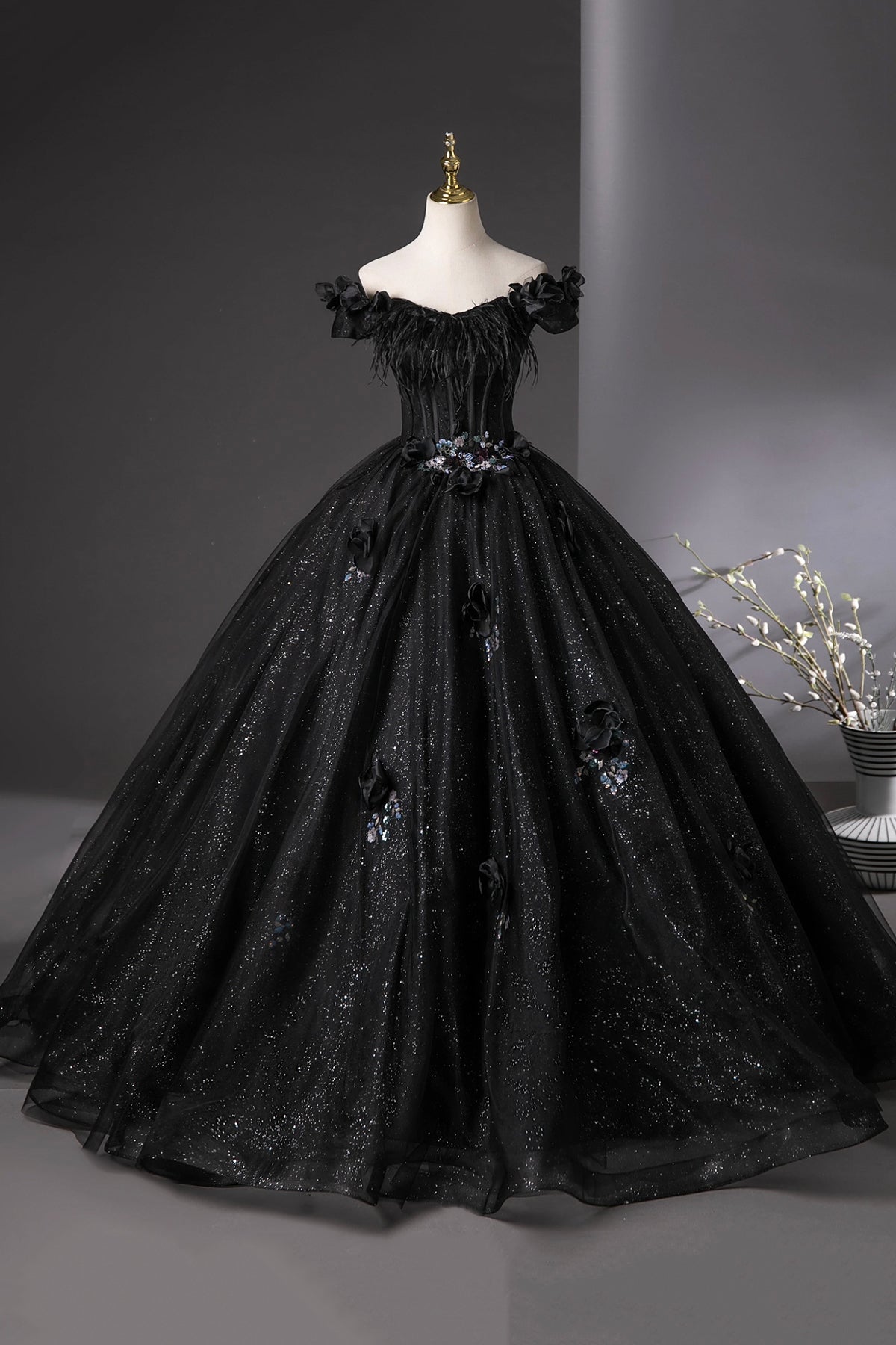 Black Tulle Long Prom Dress, Black Off the Shoulder A-Line Party Dress