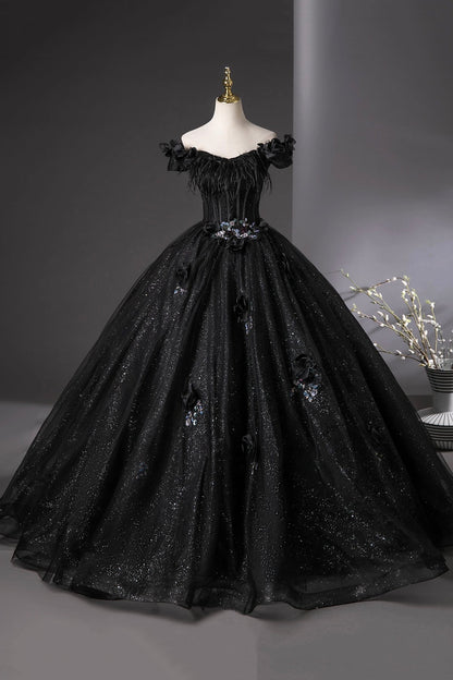 Black Tulle Long Prom Dress, Black Off the Shoulder A-Line Party Dress