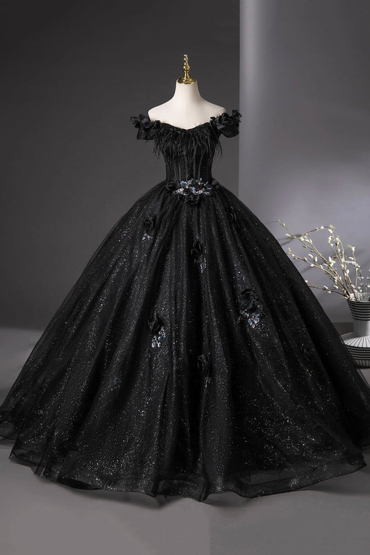 Black Tulle Long Prom Dress, Black Off the Shoulder A-Line Party Dress