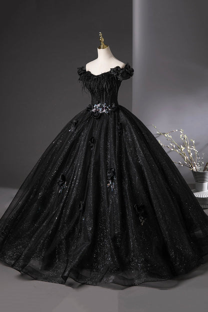 Black Tulle Long Prom Dress, Black Off the Shoulder A-Line Party Dress