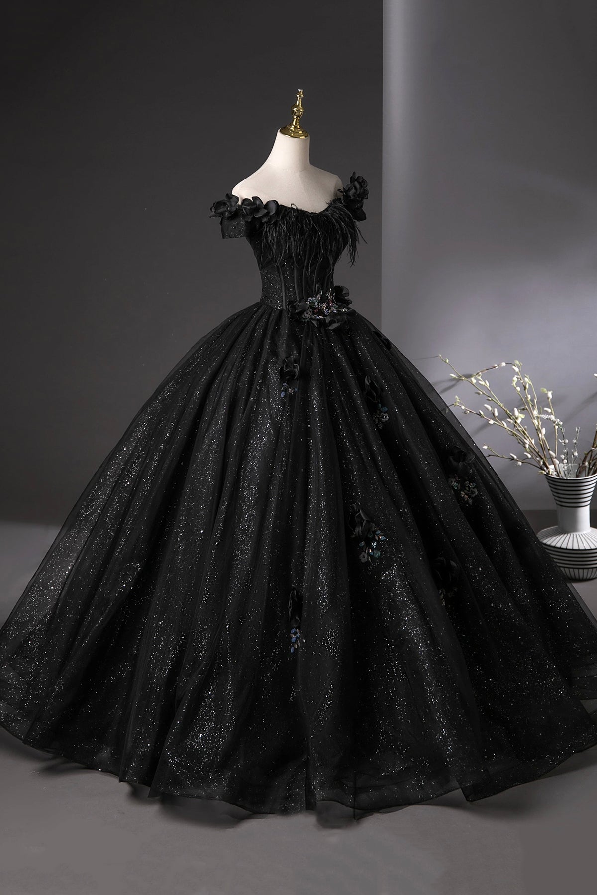 Black Tulle Long Prom Dress, Black Off the Shoulder A-Line Party Dress