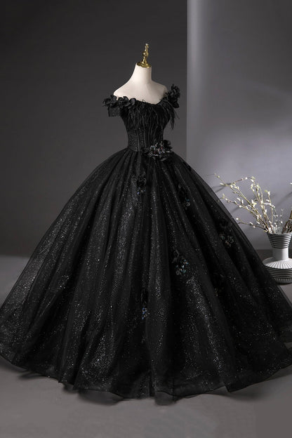 Black Tulle Long Prom Dress, Black Off the Shoulder A-Line Party Dress