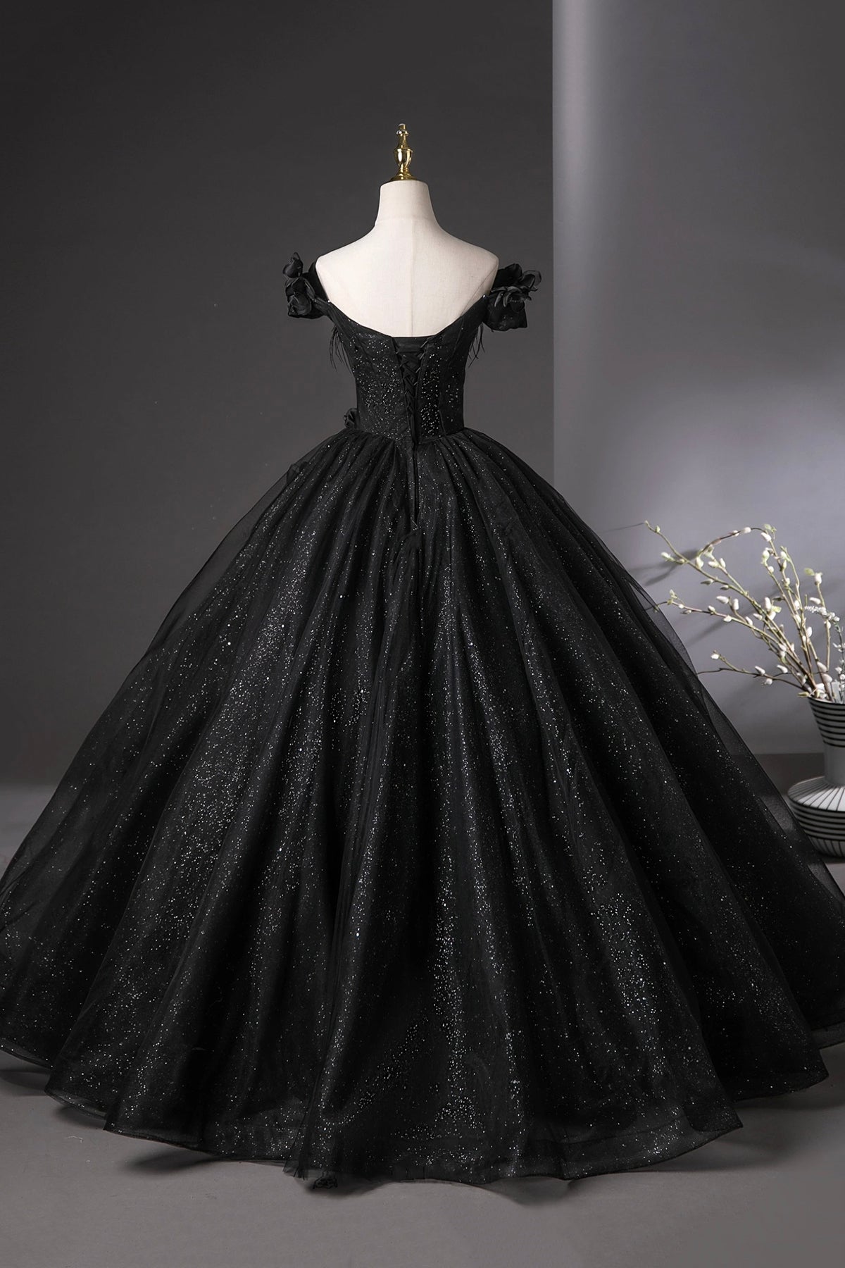 Black Tulle Long Prom Dress, Black Off the Shoulder A-Line Party Dress