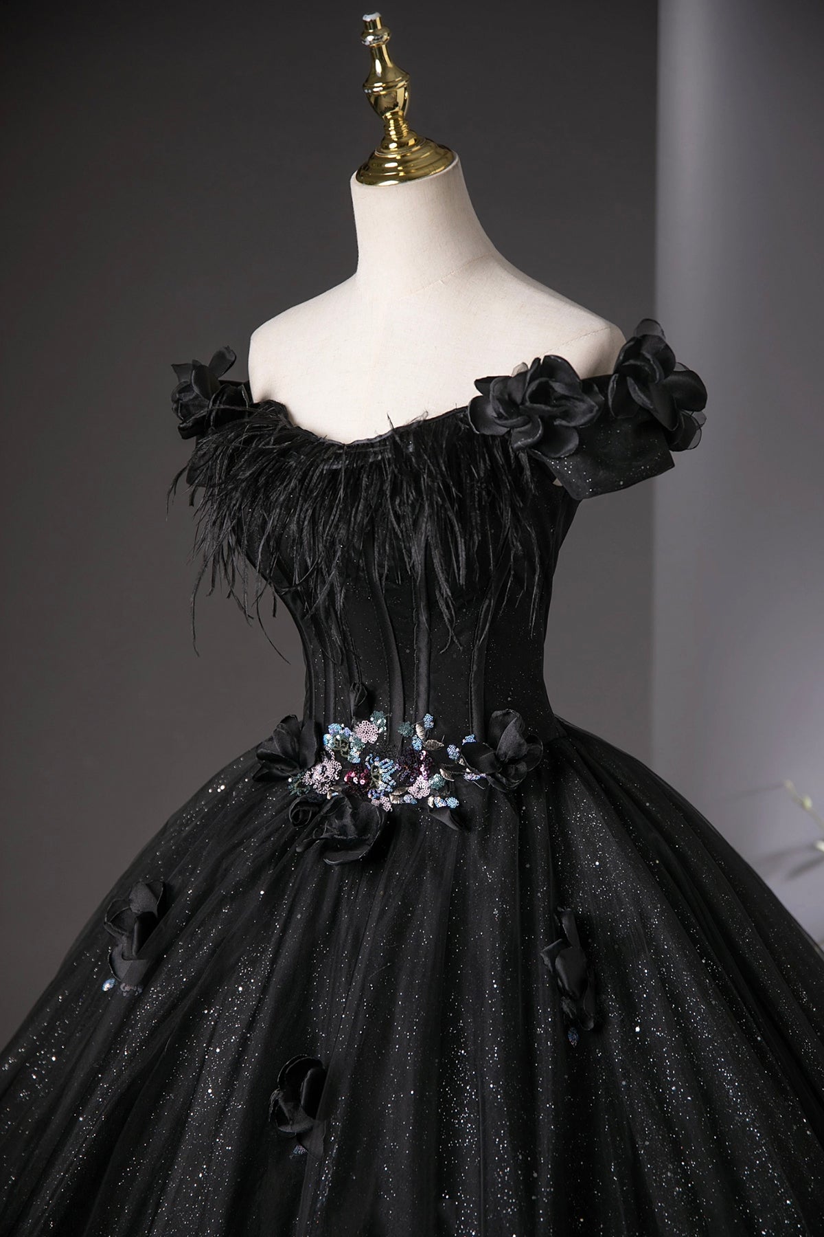 Black Tulle Long Prom Dress, Black Off the Shoulder A-Line Party Dress