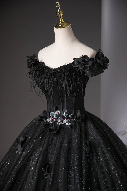 Black Tulle Long Prom Dress, Black Off the Shoulder A-Line Party Dress