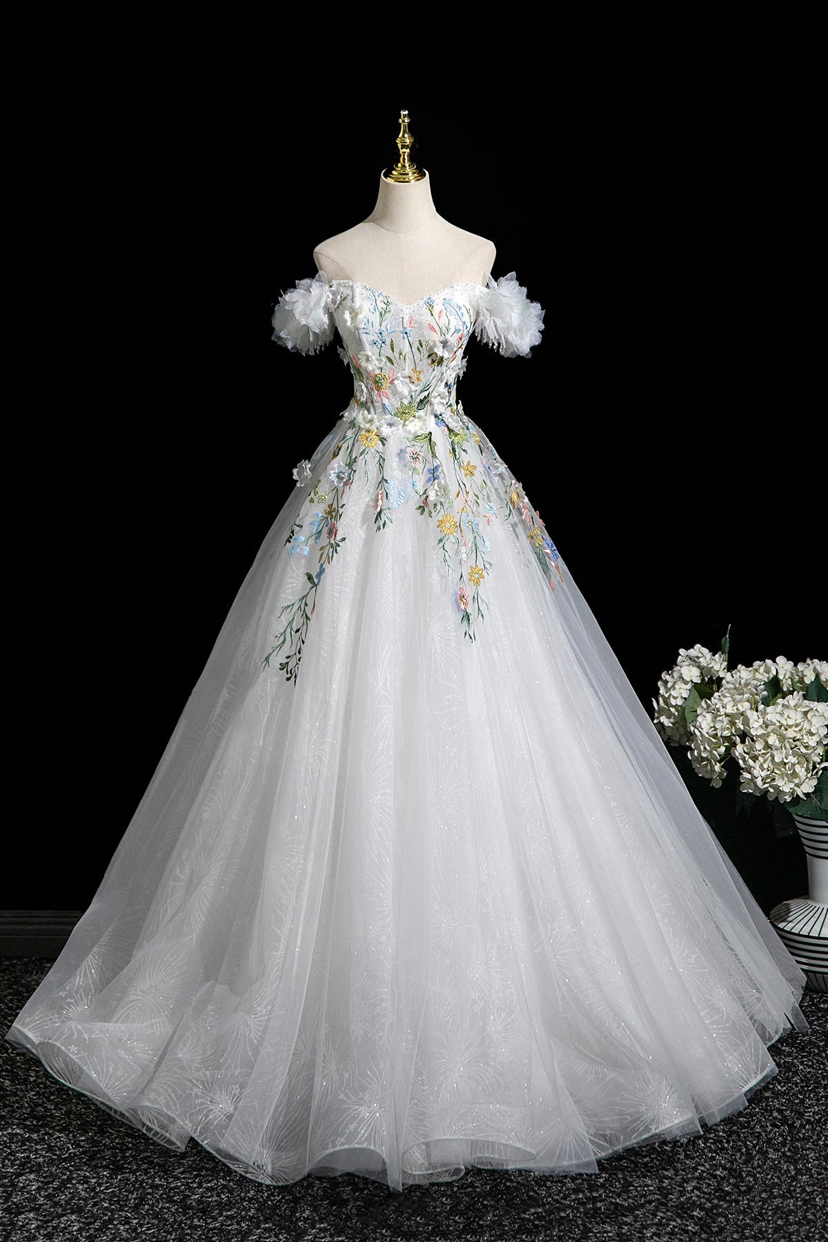 White Tulle Lace Long A-Line Prom Dress, Beautiful Off the Shoulder Party Dress