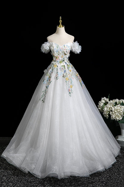 White Tulle Lace Long A-Line Prom Dress, Beautiful Off the Shoulder Party Dress