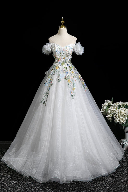 White Tulle Lace Long A-Line Prom Dress, Beautiful Off the Shoulder Party Dress