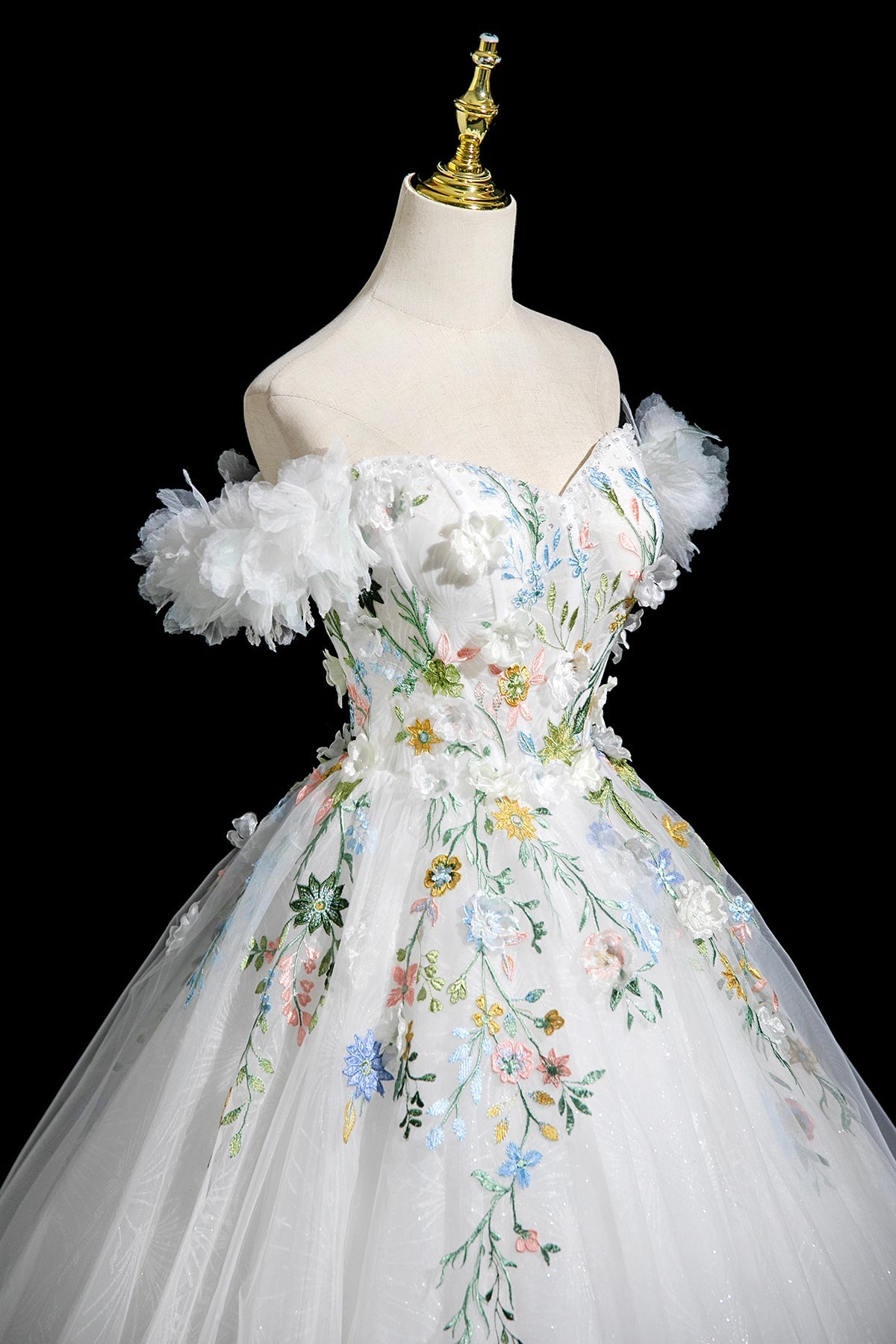 White Tulle Lace Long A-Line Prom Dress, Beautiful Off the Shoulder Party Dress