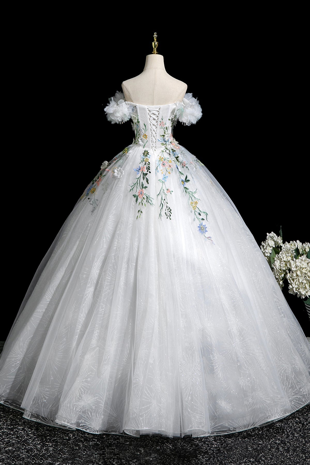 White Tulle Lace Long A-Line Prom Dress, Beautiful Off the Shoulder Party Dress