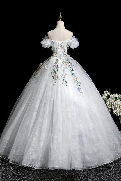 White Tulle Lace Long A-Line Prom Dress, Beautiful Off the Shoulder Party Dress