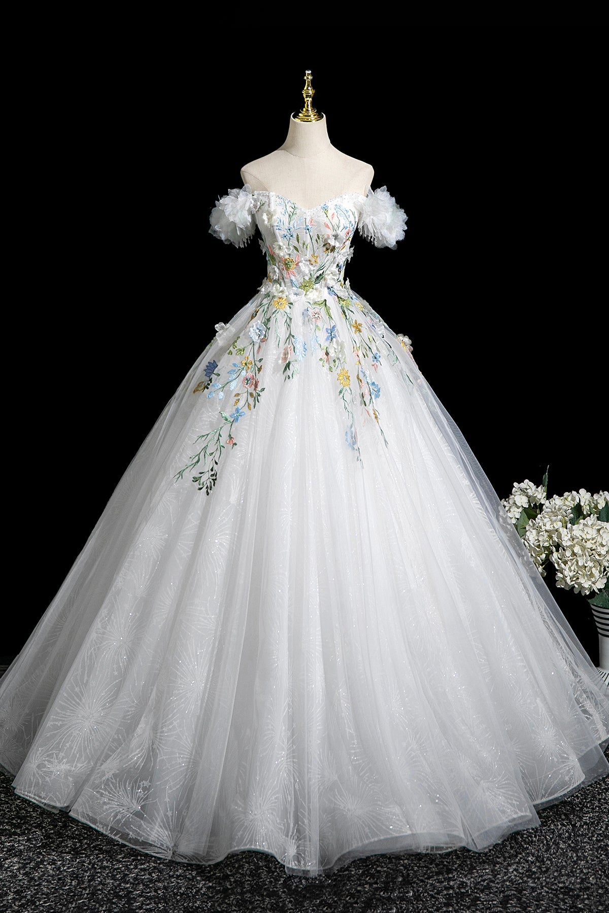 White Tulle Lace Long A-Line Prom Dress, Beautiful Off the Shoulder Party Dress