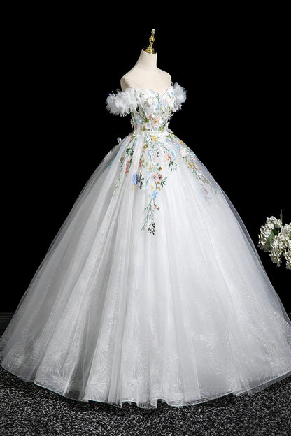 White Tulle Lace Long A-Line Prom Dress, Beautiful Off the Shoulder Party Dress