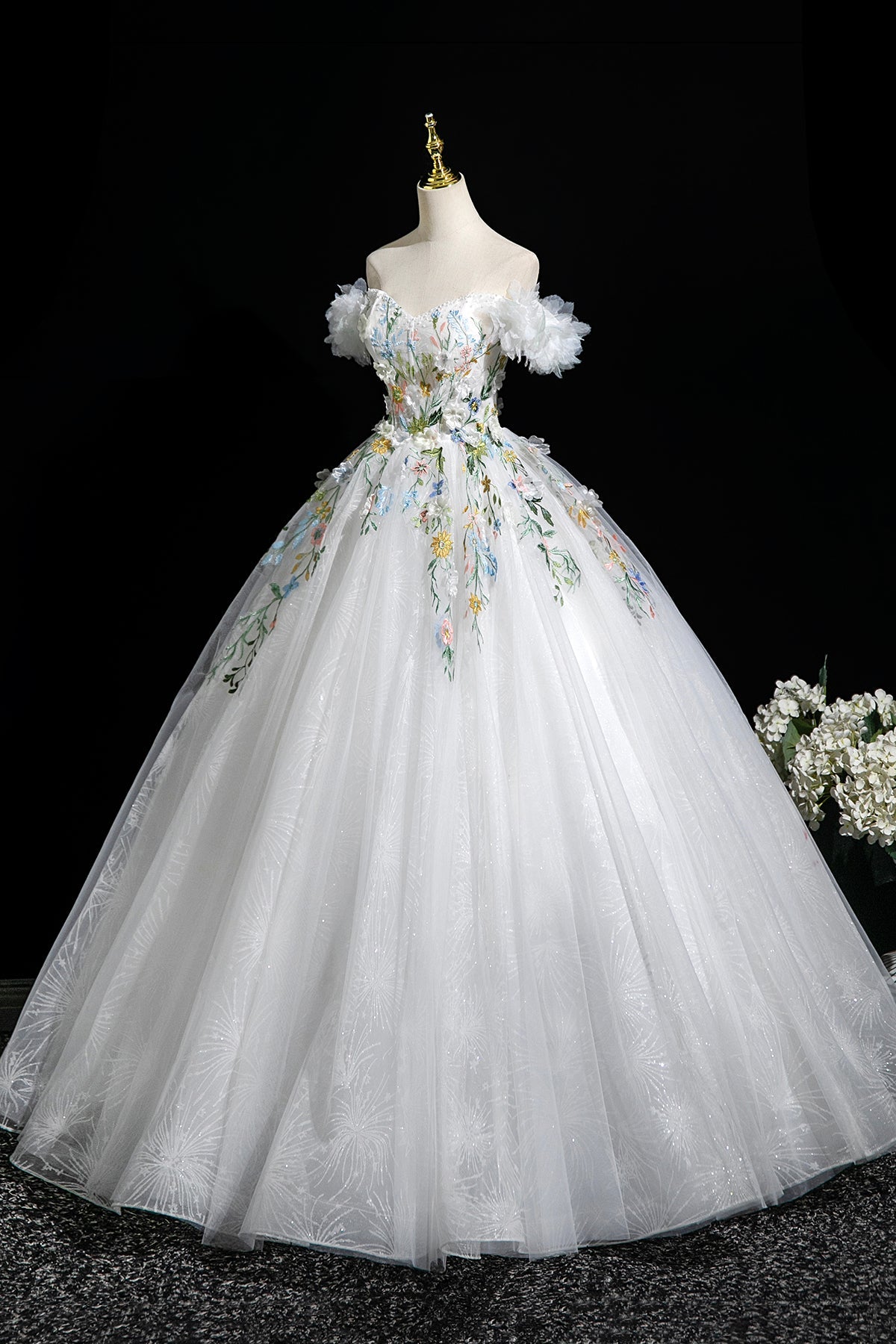 White Tulle Lace Long A-Line Prom Dress, Beautiful Off the Shoulder Party Dress