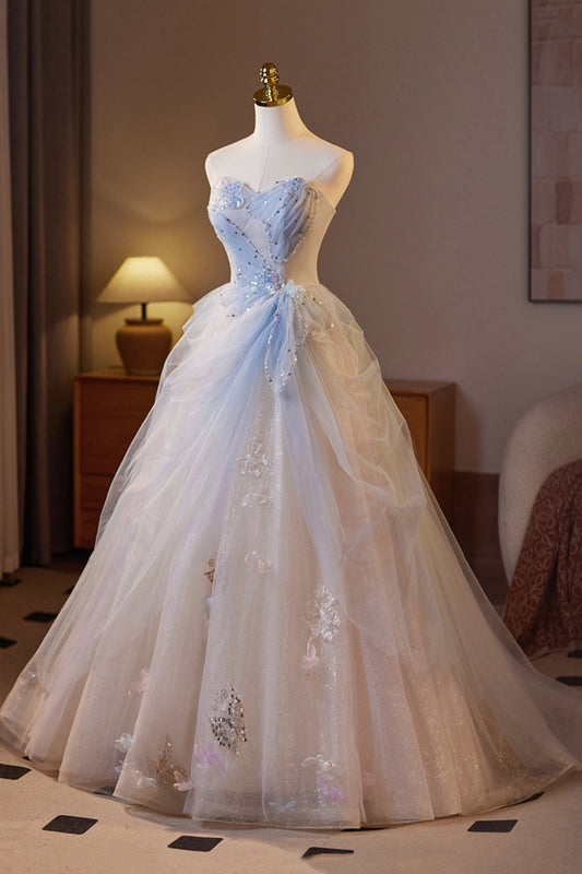 Beautiful Sparkling Tulle Long Prom Dress, A-Line Strapless Evening Party Dress