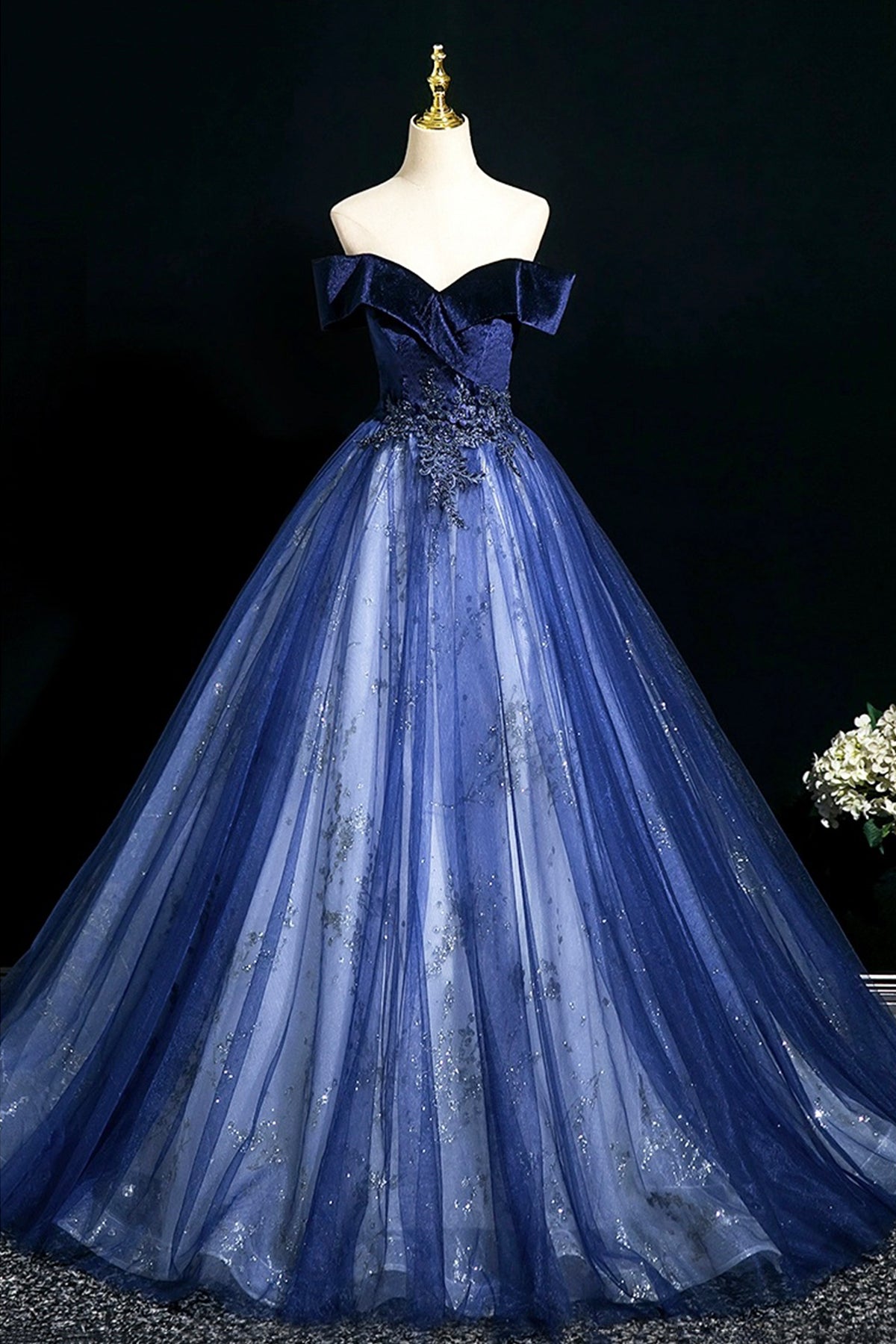 Blue Velvet and Tulle Long A-Line Prom Dress, Elegant Off the Shoulder Party Dress