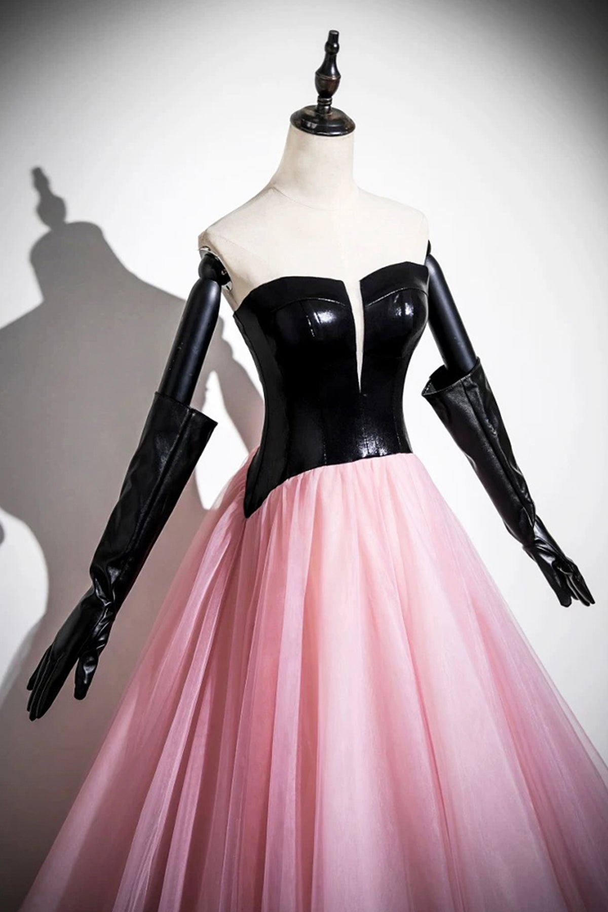 Black and Pink Tulle Long Prom Dress, A-Line Strapless Evening Dress with Corset