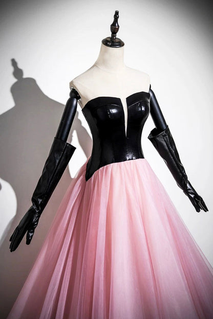Black and Pink Tulle Long Prom Dress, A-Line Strapless Evening Dress with Corset