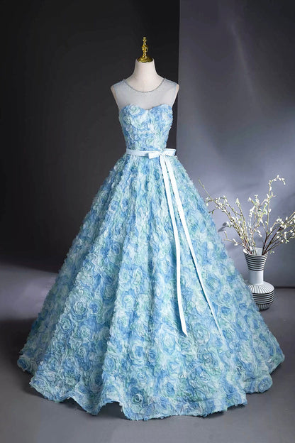 Blue Floral Long Prom Dresses, Beautiful A-Line Party Dresses