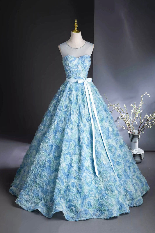 Blue Floral Long Prom Dresses, Beautiful A-Line Party Dresses