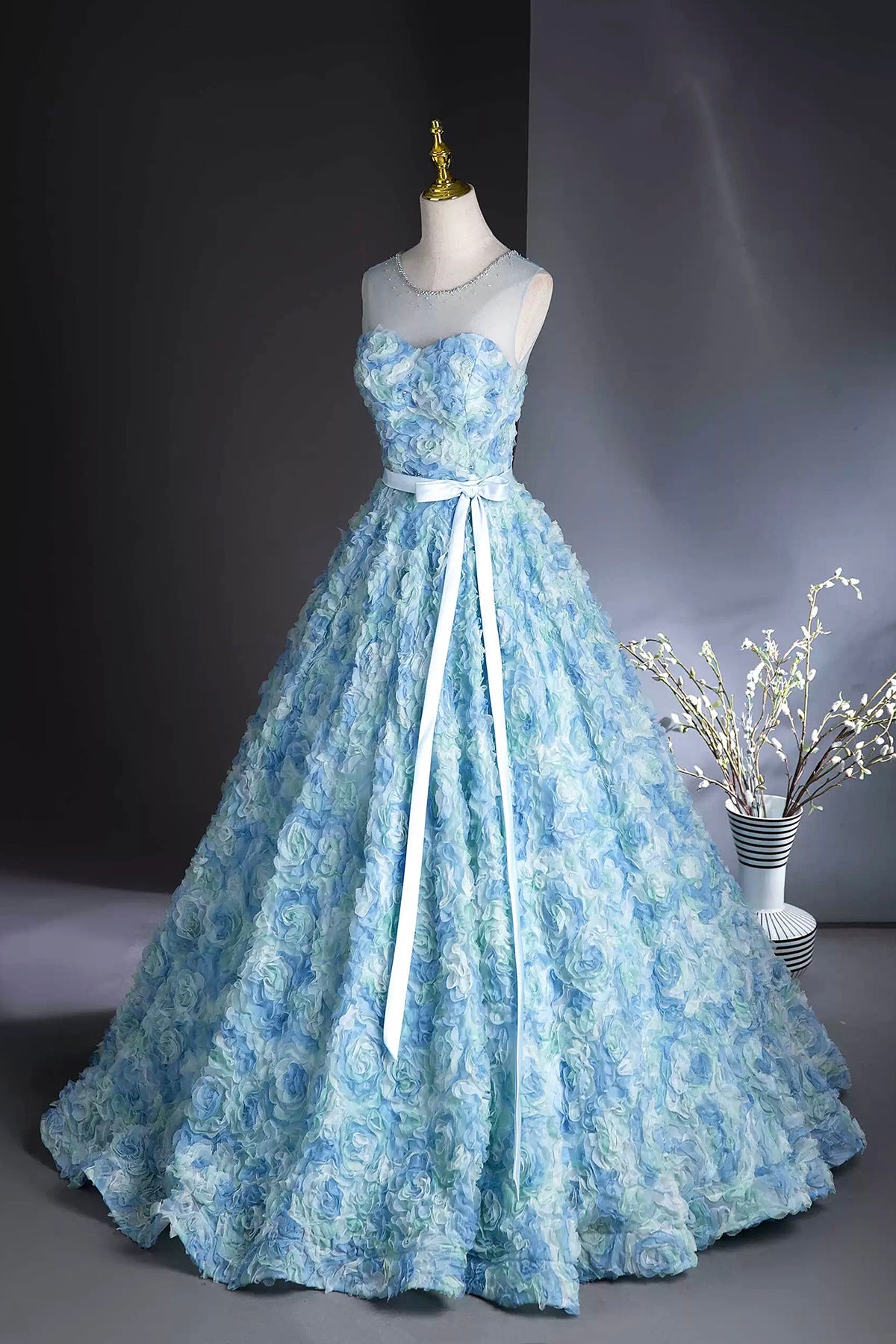 Blue Floral Long Prom Dresses, Beautiful A-Line Party Dresses