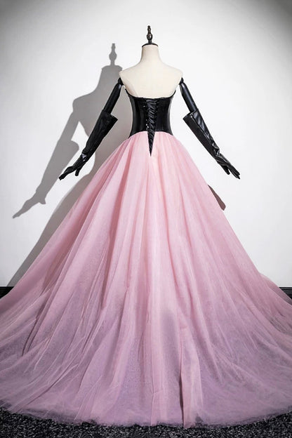 Black and Pink Tulle Long Prom Dress, A-Line Strapless Evening Dress with Corset