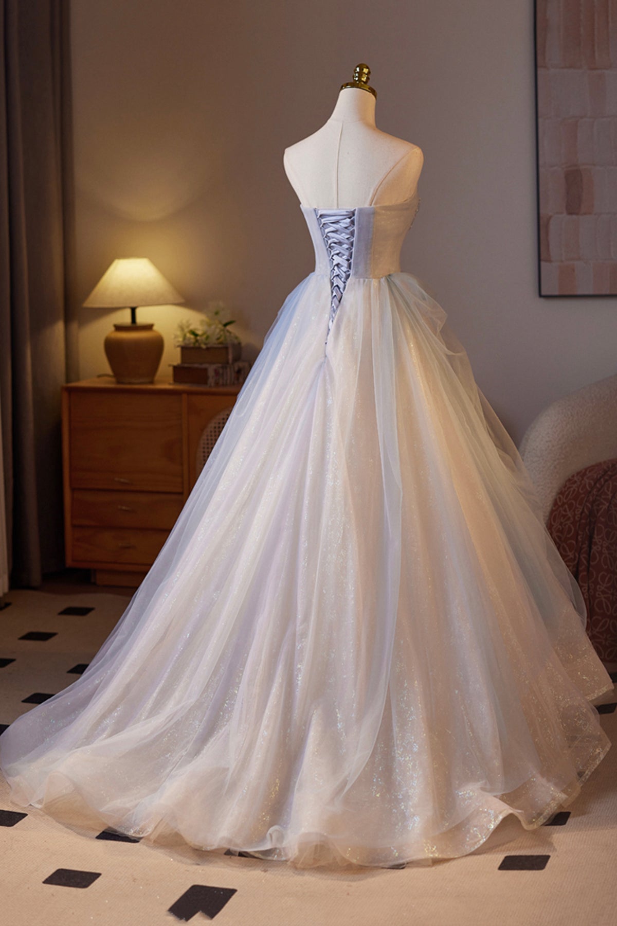 Beautiful Sparkling Tulle Long Prom Dress, A-Line Strapless Evening Party Dress