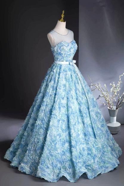 Blue Floral Long Prom Dresses, Beautiful A-Line Party Dresses