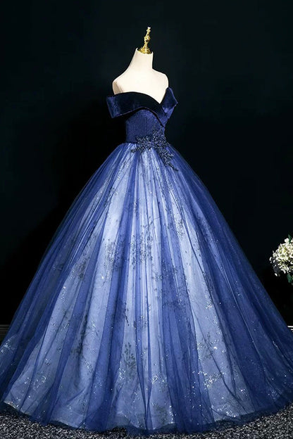 Blue Velvet and Tulle Long A-Line Prom Dress, Elegant Off the Shoulder Party Dress