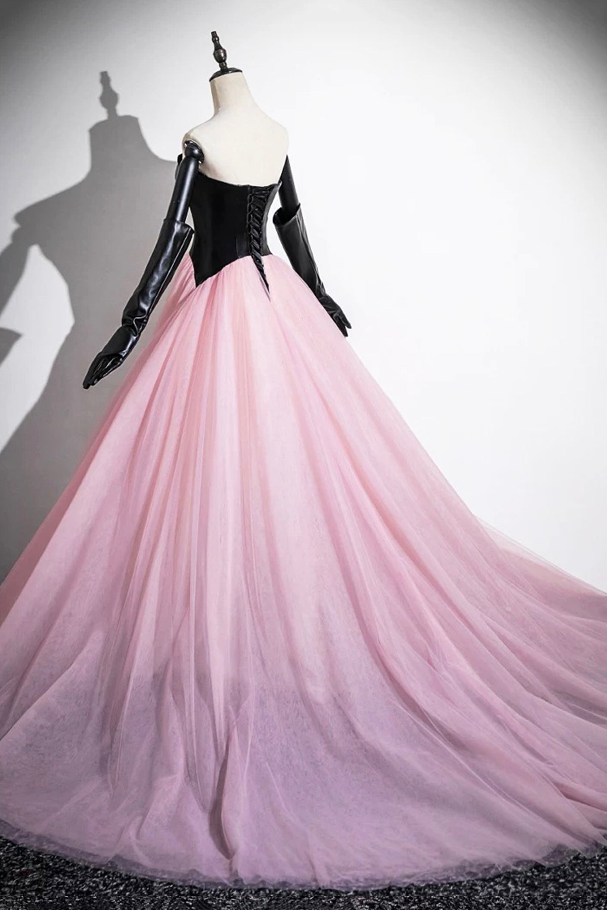 Black and Pink Tulle Long Prom Dress, A-Line Strapless Evening Dress with Corset