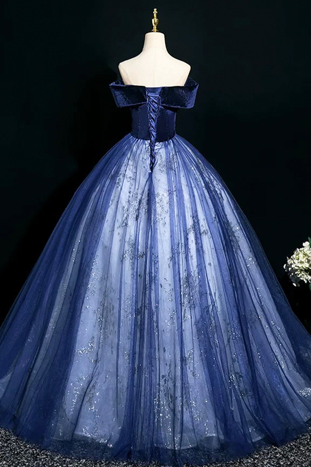 Blue Velvet and Tulle Long A-Line Prom Dress, Elegant Off the Shoulder Party Dress