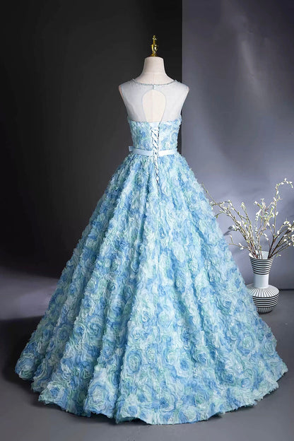 Blue Floral Long Prom Dresses, Beautiful A-Line Party Dresses